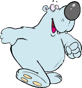 color drawing of a blue, happy bear walking up right, getting to the unique cleaning