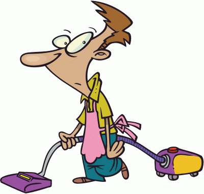 guy wear an apron vacuuming the floor Man doing deep clean