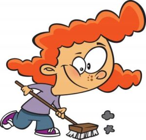 comic style color drawing of a red head girl sweeping the floor
