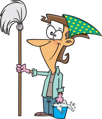color drawing of a woman holding a mop and pail