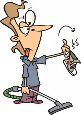color drawing of a woman vacuuming holding a stinking shoe