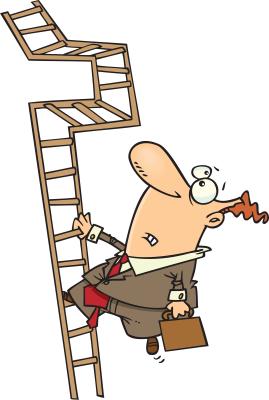 man climbing a crooked ladder